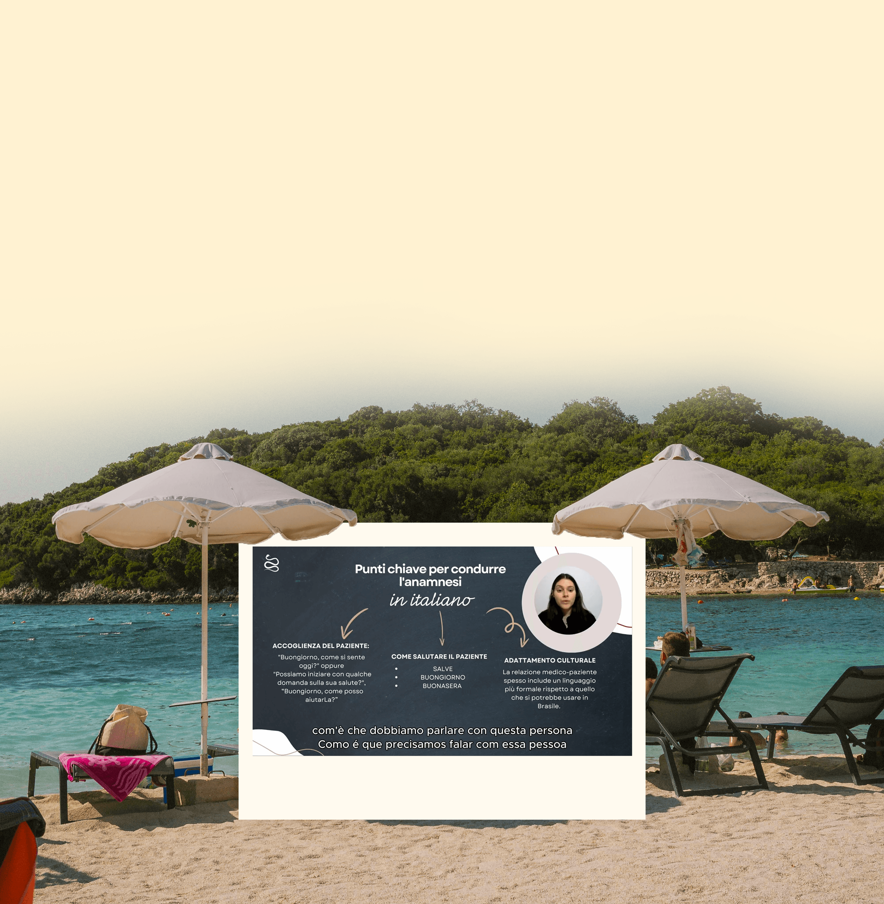 Praia europeia com trecho da aula de italiano médico